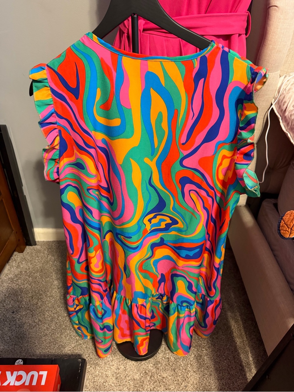 SHEIN Pink, Blue, Green & Orange Swirl Ruffle Sleeve Tunic